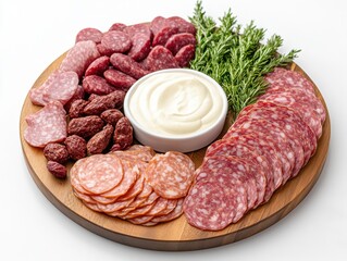 Assorted sliced meats and dip on a wooden platter