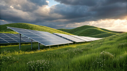 Fototapeta premium Solar panels on lush green hillside under dramatic cloudy sky, showcasing renewable energy and sustainability