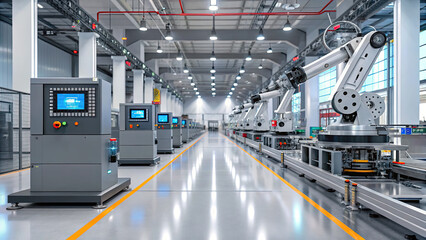 Obraz premium Modern automated factory with robotic arms and conveyor systems, showcasing advanced manufacturing technology in clean, organized environment