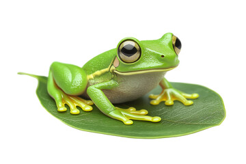 Obraz premium A small green tree frog with bright eyes on a leaf isolated on a white background