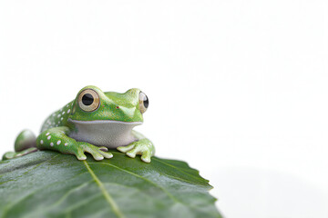 A small green tree frog with bright eyes on a leaf  isolated on a white background
