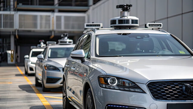 Self driving cars equipped with advanced sensors and cameras in urban environment, showcasing modern autonomous vehicle technology