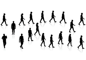 Silhouettes of people walking together isolated on white background