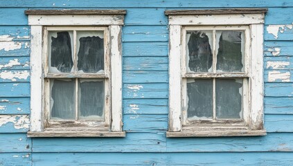 Fototapeta premium Two weathered windows on a faded blue wooden wall