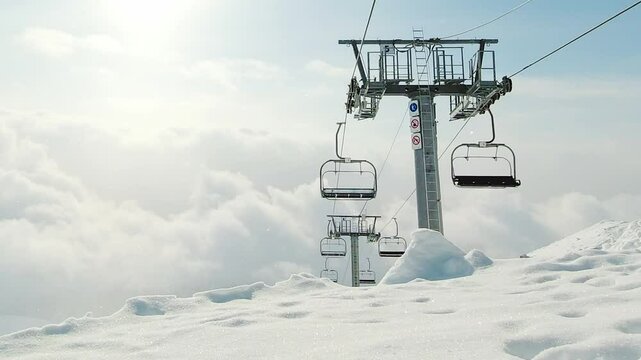 Ski chairlift moving fast in timelapse above fresh snow under cloudy sky with mountain peaks in winter Tetnuldi resort, Svaneti Georgia