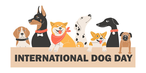 Cute Flat Style Dogs Peeking Over Billboard to Celebrate International Dog Day