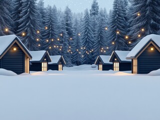 Snowy village scene with cozy cabins