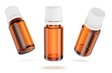 A 10 ml dropper bottle of amber UV glass or plastic for essential oils isolated on white background. 3D render for branding and mock up