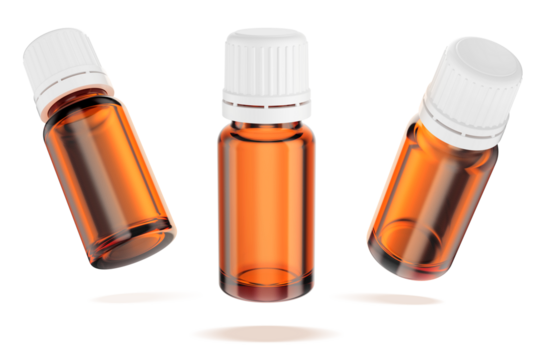 A 10 ml dropper bottle of amber UV glass or plastic for essential oils isolated on white background. 3D render for branding and mock up