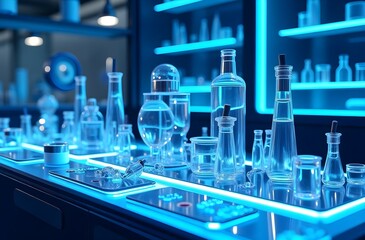 Sci-fi lab background with glowing chrome tools, brushed surfaces, and blue light aura in high-tech laboratory setting