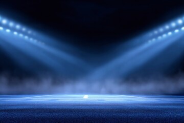 Night scene of an empty stadium with bright converging lights illuminating the field and a light mist