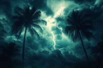 Dark stormy sky with lightning strikes and palm trees silhouette against cloud background.