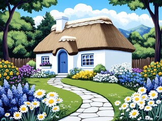 Quaint cottage in a vibrant garden