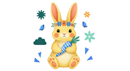 Isolated Cute Bunny with Carrot, Easter Illustration
