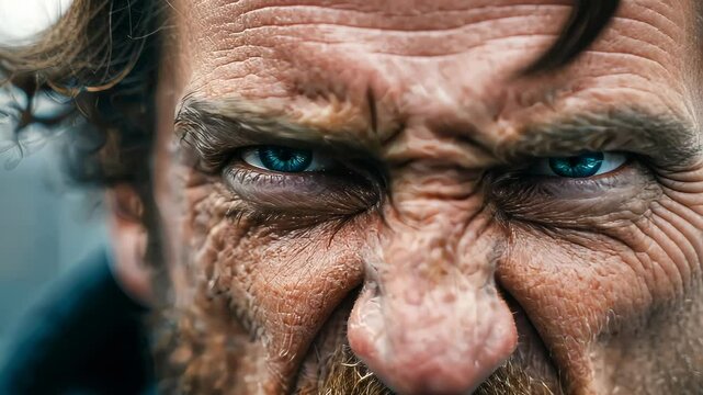 Close-up portrait of an angry man with intense blue eyes and a fierce expression, highlighting his facial wrinkles and beard texture