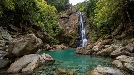 Fototapeta premium Tropical waterfall plunging into jade pool in jungle