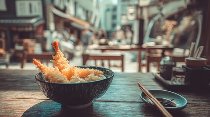 Udon noodle bowl with tempura shrimp on a softly blurred Japanese noodle house background under perfect lighting