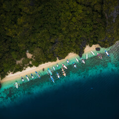 Top-Down bird's eye Aerial View of Bangka Boats Along the White Sand Shores of Entalula Island with a beautiful beach with people, El Nido, Palawan, Philippines
