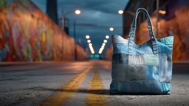 Upcycled denim tote bag with patchwork pattern on a softly blurred street art backdrop