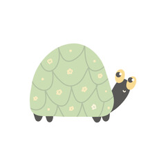 Cute  turtle with green shell and black legs. The turtle has big, expressive eyes and a friendly look. Perfect for children's books, cards, prints.