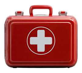 Obraz premium Red emergency first aid kit with white cross isolated on png transparent background