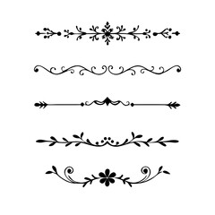 Vector dividers calligraphic line element.Set of Black Hand Drawn Rustic Doodle Design Elements. Decorative Floral Swirls, Scrolls, Text Frames, Dividers. Vintage Vector Illustration. 
