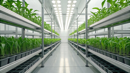 Modern indoor vertical farm with rows of young green plants growing under bright LED lights, showcasing sustainable agriculture