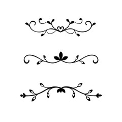 Vector dividers calligraphic line element.Set of Black Hand Drawn Rustic Doodle Design Elements. Decorative Floral Swirls, Scrolls, Text Frames, Dividers. Vintage Vector Illustration. 
