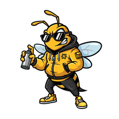 Fototapeta premium Urban street-style bee wearing hoodie and sunglasses with spray paint, cool graffiti cartoon character illustration