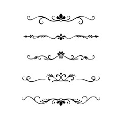 Vector dividers calligraphic line element.Set of Black Hand Drawn Rustic Doodle Design Elements. Decorative Floral Swirls, Scrolls, Text Frames, Dividers. Vintage Vector Illustration. 
