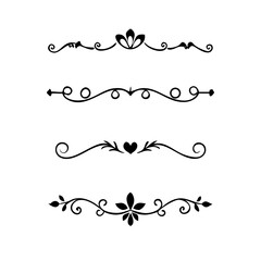 Vector dividers calligraphic line element.Set of Black Hand Drawn Rustic Doodle Design Elements. Decorative Floral Swirls, Scrolls, Text Frames, Dividers. Vintage Vector Illustration. 
