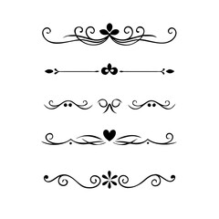 Vector dividers calligraphic line element.Set of Black Hand Drawn Rustic Doodle Design Elements. Decorative Floral Swirls, Scrolls, Text Frames, Dividers. Vintage Vector Illustration. 
