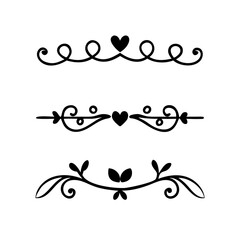 Vector dividers calligraphic line element.Set of Black Hand Drawn Rustic Doodle Design Elements. Decorative Floral Swirls, Scrolls, Text Frames, Dividers. Vintage Vector Illustration. 
