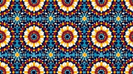 Vintage Moroccan tile pattern with interwoven stars and crosses in a colorful mosaic repeat