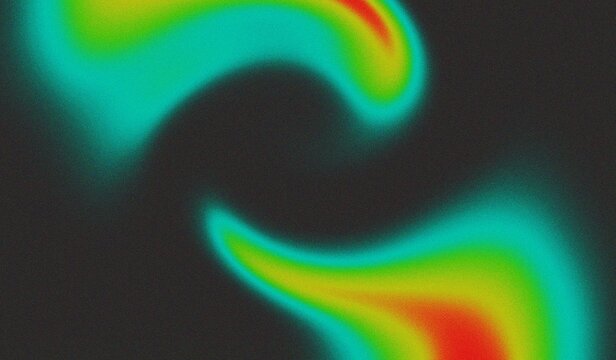 Neon gradient twist spots on black gradient with noisy texture. Heat map. Abstract infrared thermographic background.