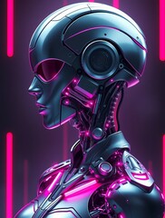 Futuristic Cyborg Goddess: Neon-Powered Cybernetic Marvel in a Digital Rainscape, Blending Human Elegance with Advanced Robotics in a Vibrant Pink and Purple Glow Against a Teal Matrix Backdrop