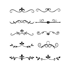 Vector dividers calligraphic line element.Set of Black Hand Drawn Rustic Doodle Design Elements. Decorative Floral Swirls, Scrolls, Text Frames, Dividers. Vintage Vector Illustration. 

