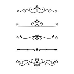 Vector dividers calligraphic line element.Set of Black Hand Drawn Rustic Doodle Design Elements. Decorative Floral Swirls, Scrolls, Text Frames, Dividers. Vintage Vector Illustration. 
