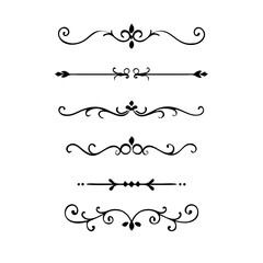 Vector dividers calligraphic line element.Set of Black Hand Drawn Rustic Doodle Design Elements. Decorative Floral Swirls, Scrolls, Text Frames, Dividers. Vintage Vector Illustration. 
