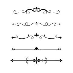 Vector dividers calligraphic line element.Set of Black Hand Drawn Rustic Doodle Design Elements. Decorative Floral Swirls, Scrolls, Text Frames, Dividers. Vintage Vector Illustration. 
