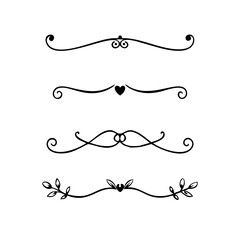 Vector dividers calligraphic line element.Set of Black Hand Drawn Rustic Doodle Design Elements. Decorative Floral Swirls, Scrolls, Text Frames, Dividers. Vintage Vector Illustration. 
