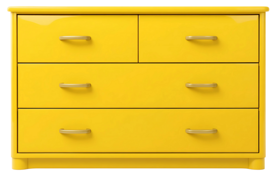  Vibrant sunflower yellow drawer cabinet with high-gloss finish and hidden handles, minimalist aesthetic isolated on white.

