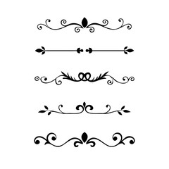 Vector dividers calligraphic line element.Set of Black Hand Drawn Rustic Doodle Design Elements. Decorative Floral Swirls, Scrolls, Text Frames, Dividers. Vintage Vector Illustration. 
