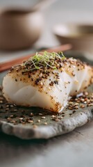 Warm miso-glazed cod with sesame seed sprinkle and micro shiso garnish on a stone plate against a softly blurred minimalist Japanese kitchen under soft light