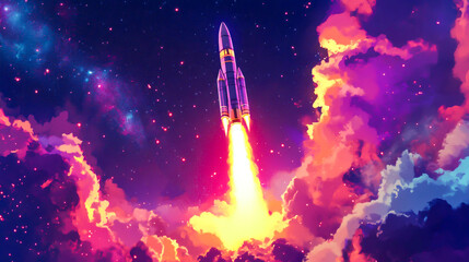 A digital expanse of neon clouds and stars, a futuristic rocket is launched