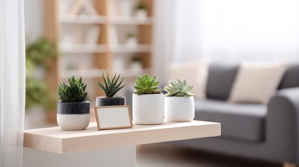White floating shelf with succulent planters and blank sign area on softly blurred living room backdrop