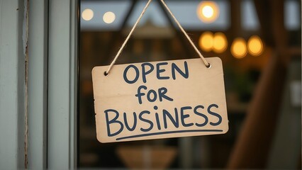 Open for business sign hanging on door for retail shop small business reopening after lockdown