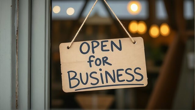 Open for business sign hanging on door for retail shop small business reopening after lockdown - Powered by Adobe