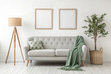 Modern living room interior with gray sofa and green throw