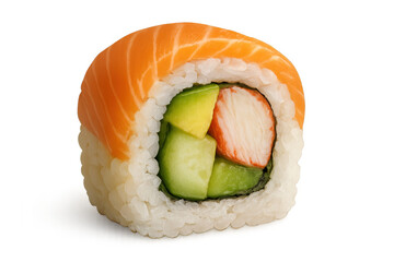 Uramaki sushi roll combining salmon, surimi, creamy avocado, and crisp cucumber against pristine white surface